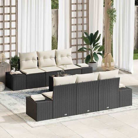 Sofa Set mit Kissen 7 pcs Schwarz Poly Rattan