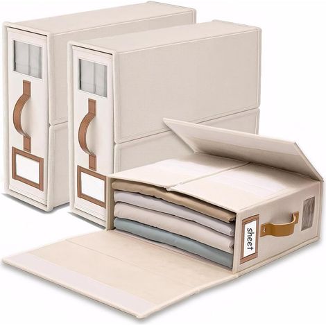 linge rangement drap de lit 3 organisateur drap pliable, respirantes avec fenêtre transparente & étiquette pour draps, couvertures & serviettes couleur lin (1/5)