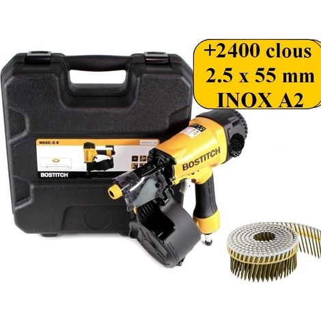 Bostitch – Cloueur pneumatique pour bardage – Lot de 2450 clous inox A2 2.5 x 55mm – Réglage de profondeur – Corps en aluminium léger