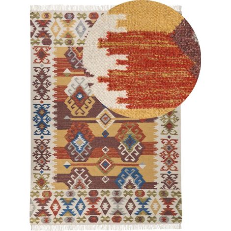 Kelim-Teppich Mehrfarbig Wolle und Baumwolle 160 x 230 cm mit Fransen Geometrischem Muster Handgewebt Boho Läufer für Fußbodenheizung Geeignet