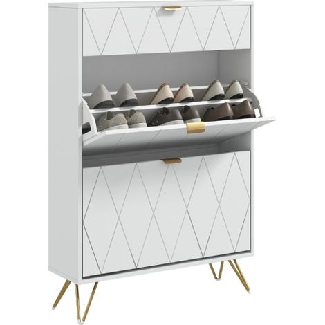 Narrow White Shoe Cabinet with Two Flip Drawers for Space-Saving Storage