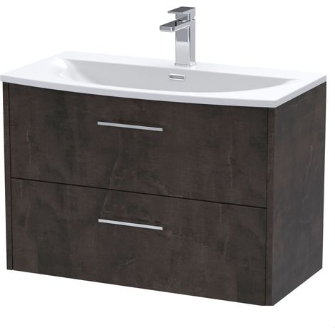 Winshill Contemporary 2 Drawer Wall Hung Vanity Unit with Curved Basin, Metallic Slate, 800mm