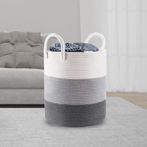 Corbeille à Linge Panier à Linge en Coton Tissé Panier de Rangement 40L Boho Corbeille a Linge de Qualité Supérieure avec Poignée Grand Paniere a Linge Pliable 35x40Cm