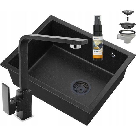 Évier de cuisine en granit Salix 56 × 46 cm sous plan noir avec mitigeur et distributeur et siphon (1/5)