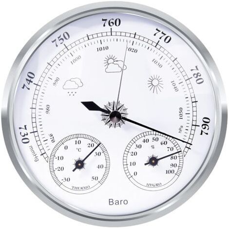 Station météo analogique – Station météo analogique pour usage intérieur et extérieur – composée d'un baromètre, d'un thermomètre et d'un hygromètre (argent, 128 mm) (1/5)