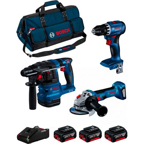 Kit 3 utensili 18 V trapano avvitatore + martello perforatore + smerigliatrice + 3 batterie 18 V – 4 Ah + caricabatterie + borsa (1/5)