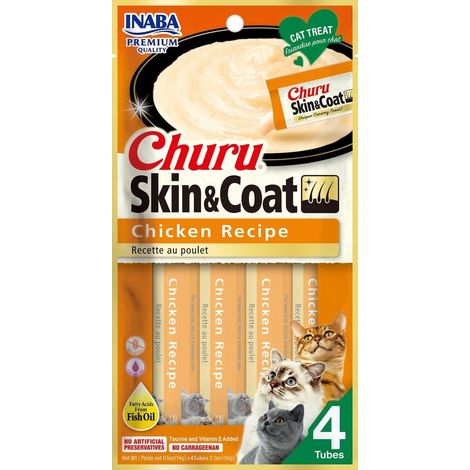 INABA CHURU SKIN & COAT - FRIANDISE POUR CHAT EN PURÉE AU POULET AVEC OMÉGA 3 & 6 ET TAURINE - PEAU & PÉLAGE - 4 TUBES X 14G (1/5)