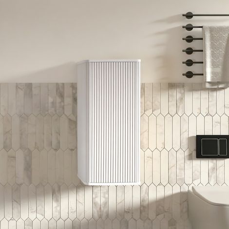Armario de almacenamiento de pared, armario de baño blanco suspendido, armario de baño suspendido con diseño ranurado para espacios pequeños. (1/5)