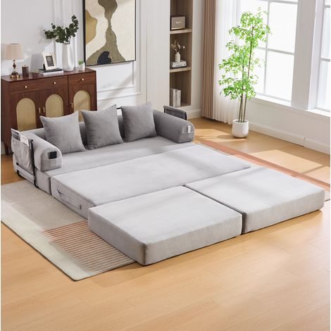 Divano modulare in velluto a coste grigio chiaro con pouf, tasca laterale e 3 cuscini, 200x190x67 cm (1/5)