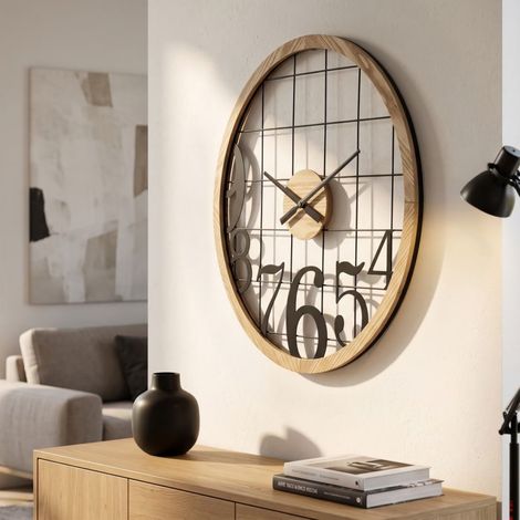 Reloj de pared de 60 cm Adhemar, negro y madera (1/5)
