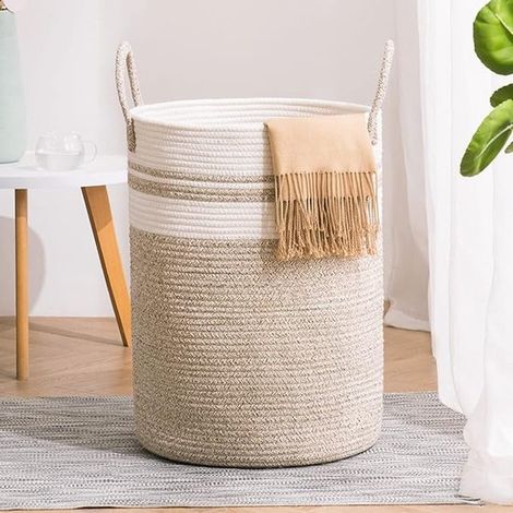 Panier à linge, panier de rangement, panier à linge en corde de coton, 38 cm (diamètre) x 50 cm (hauteur), brun foncé (1/5)