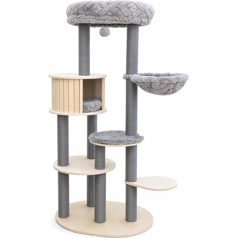 Fudajo Urban Studio 163 cm Kratzbaum grau, Katzenbaum mit Katzenhaus, Hängeliege, Katzenbett und Papierseil-Kratzstämmen (1/5)