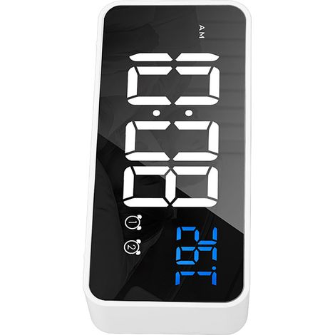 Réveil miroir LED, deux alarmes, rechargeable, à commande vocale, blanc, pour chambre ou table de chevet (1/5)