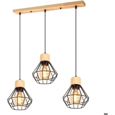 Lustre Suspension Luminaire Industriel Vintage en Cage Lampe de Plafond Réglable Abat-jour en Bois Métal pour Salon Chambre (1/5)