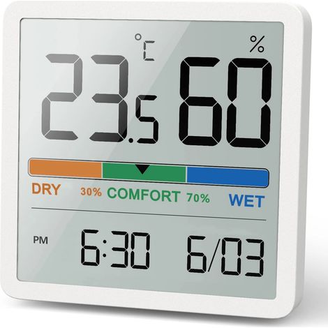 Hygromètre-thermomètre d'intérieur, thermomètre de bureau numérique avec indicateur de température et d'humidité, hygromètre-thermomètre d'intérieur précis avec horloge (blanc) (1/5)