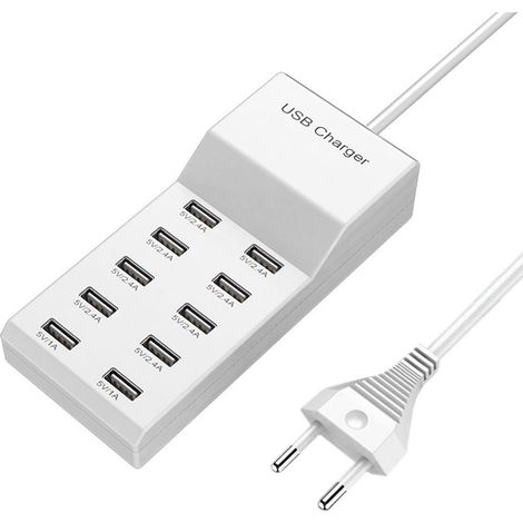USB-Ladestation, 50 W, 10 Anschlüsse, USB-Ladegerät, tragbare Ladebuchse, kompatibel mit verschiedenen Geräten wie Smartphones, Tablets, Laptops und Smartwatches.