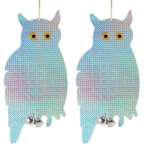 2-teiliges holografisches, reflektierendes Eulen-Vogelabwehrset mit Glöckchen, hängende Taubenabwehr für Garten, Balkon, Terrasse, natürliche Schädlingsbekämpfung, Außendekoration (1/5)