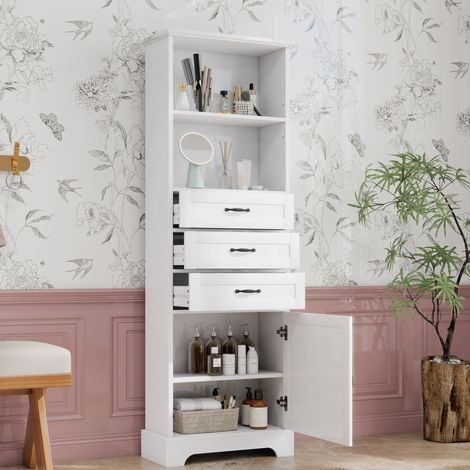 Badezimmerschrank mit 3 Schubladen 56x167 cm MDF Weiß OKMYHOME (1/5)