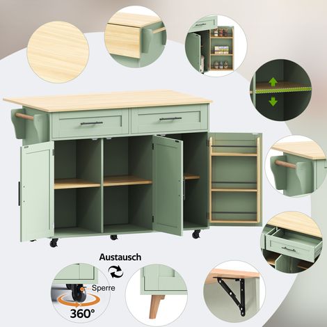 Meuble de rangement pour salle à manger en bois massif vert, 129x46(71)x91,5cm, buffet avec plateau rabattable, rangement à porte, pieds en bois ou roulettes, idéal pour la maison.