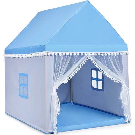 COSTWAY Casa de Juegos para Niños Tienda de Campaña para Niños Casita Infantil con Marco de Madera,Manta de Algodón y Techo Castillo Juguete para Niños 120x105x140 centímetros Azul