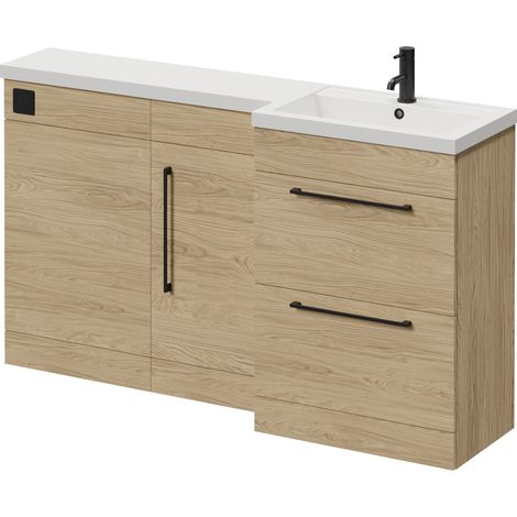 Napoli 390 Light Oak 1500mm 2 Drawer Vanity Unit Toilet Suite with Right Hand Square Lucia Basin - 1500mm - Matt Black 320mm HandleWithout Kingston Toilet Pan