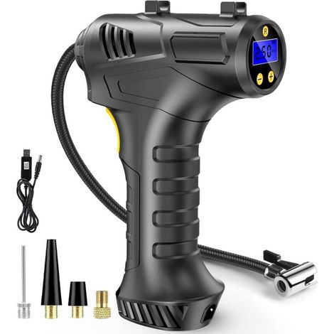 Compresseur d'air de gonfleur de pneu sans fil, batterie rechargeable USB 12 V, pompe à pneu de voiture portable 150 PSI, pompe à pneu électrique numérique avec lumière LED et 3 adaptateurs de buse po (1/5)