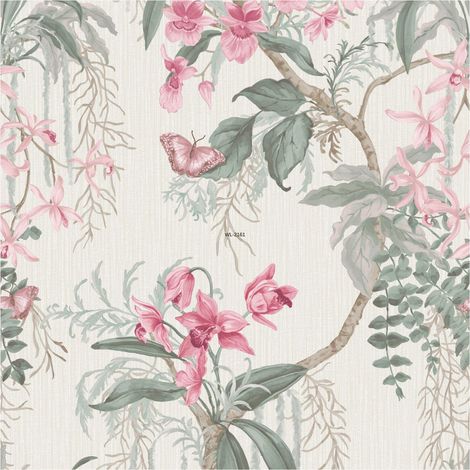 Suki Trail Vinyl Orchid Wallpaper Pink and Sage Paste the Paper 10.05m x 53cm