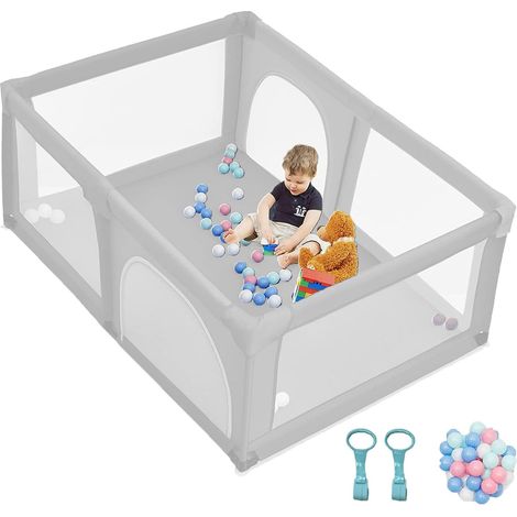 GOPLUS Parc Bébé 10 Mois à 6 Ans, Parc Bebe en maille avec Balles et 4 Anneaux, Centre D'activités de Parc Enfant, Idéal pour Intérieur et Extérieur (192x122x68CM, Gris) (1/5)