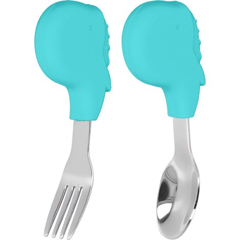 Lot de 2 couverts bébé cuillère et fourchette en acier inoxydable, forme baleine verte, set d’apprentissage auto-alimentation pour enfants. (1/5)