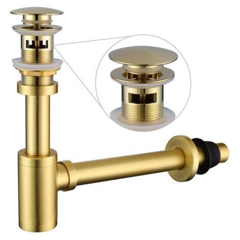 Siphon en P en laiton avec bouchon de lavabo : siphon rond de 1 1/4 po avec trop-plein, hauteur réglable, or brossé, kit de plomberie complet pour remplacement de tuyau.