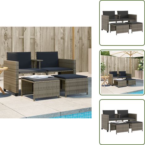 Gartensofa 2-Sitzer mit Tisch und Hockern Grau Poly Rattan - Gartenmöbel - Outdoormöbel - Rattanmöbel - Gartengestell - Lounge Set