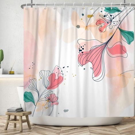 180x200cm Ensemble de Rideaux de Douche à Fleurs Abstrait Aquarelle Rose lys Rideau de Salle de Bain Rose Vert Encre Plante Rideaux de Douche Floraux Rideau de Baignoire étanche (1/5)