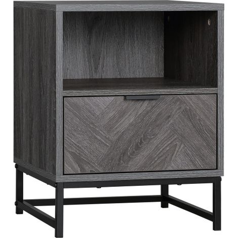 Dark Grey Bedside Table with Drawer and Shelf,Stylish Side End Table with Steel Legs for Living Room and Bedroom Decor