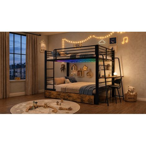 Hochbett 140x200 cm mit Schreibtisch, 2 Schubladen, LED und Steckdose, schwarz HAVRYA (1/5)