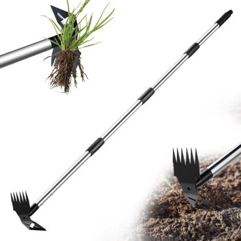 Extracteur de mauvaises herbes avec long manche de 150 cm, outil de jardinage manuel 2 en 1, râteau et binette de jardin, traction de désherbage robuste pour cour, pelouse, terrasse, jardin