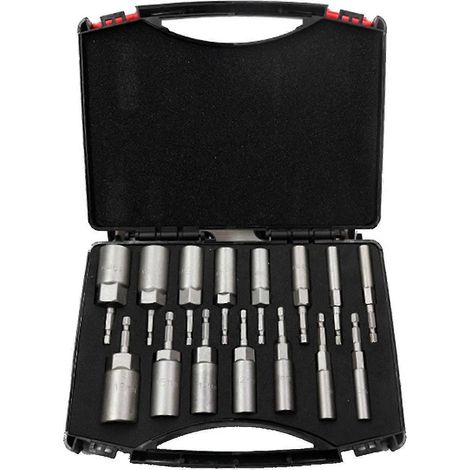Coffret de 15 embouts de vissage et de perçage pour perceuse électrique, en acier chrome vanadium, comprenant des douilles hexagonales de 5,5 à 19 mm, un porte-embouts et un rangement pour perceuse él (1/5)