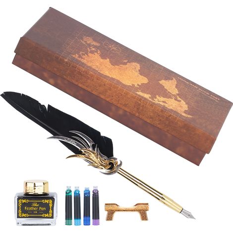 Feather Pen Calligraphy Writing Vintage Set Metal Retro Dip Quill Kit with Ink Sac SP270Black (1/5)