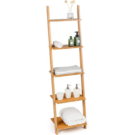 COSTWAY Scaffale a Scala con 5 Ripiani, Libreria Moderna in Bambù con Ripiani Aperti, Libreria a Parete Multiuso per Soggiorno Cucina Ufficio, 43x35,5x165 cm (1/5)