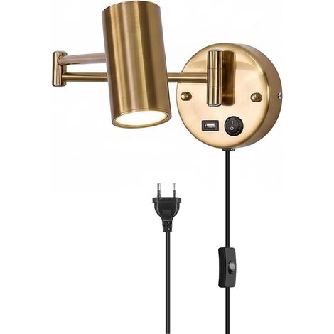 Applique murale LED 7W pour chambre, interrupteur moderne, orientable, dorée avec prise (1/5)