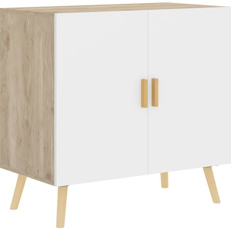 Buffet avec poignées en bambou, étagère réglable, socle surélevé, 76 x 41,2 x 74 cm, blanc, bois naturel (1/5)