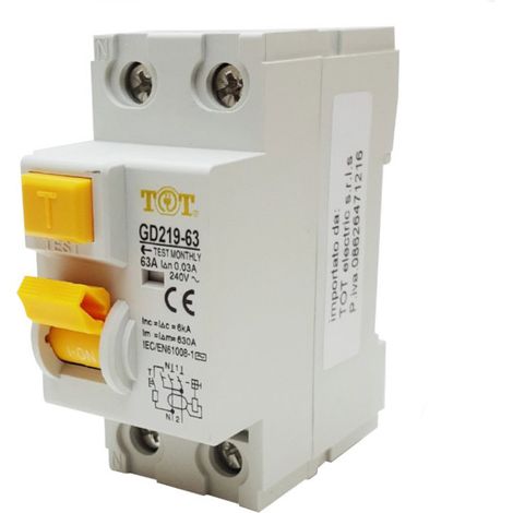 Interruttore magnetotermico differenziale salvavita modulare per quadro elettrico 2 moduli 2P+N 6ka  63 ampere (1/3)