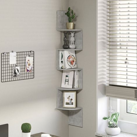 Estantería esquinera de pared desmontable con separador, forma de zigzag, 20 cm de largo x 20 cm de ancho x 126 cm de alto, 5 niveles, color gris madera-Crezuo