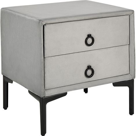 Mesita de noche de terciopelo gris patas de metal negras con 2 cajones de almacenamiento 44 x 38 cm estilo moderno Sezanne (1/5)