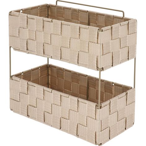 Gm scaffale a 2 livelli in poliestere intrecciato in metallo, pieghevole, posizionabile o fisso - beige - Tendance