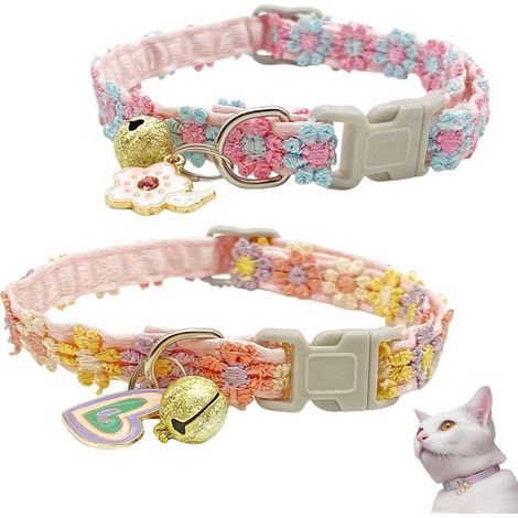 Lot de 2 Colliers pour Chat et Chaton Ajustables 18-30cm - Collier Chat avec Clochette Motifs Cœur et Fleur, Accessoires en Polyester Doux pour Chats et Petits Animaux (1/5)