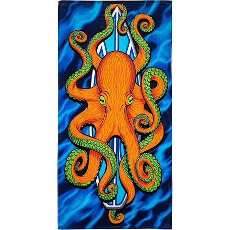 Serviette de plage garçon pieuvre planche de surf, imprimé serviette de bain pieuvre (1/5)