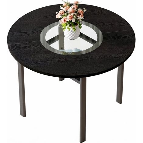 ELVMI Mesa de Comedor Redonda para 2 a 4 Personas con Estante de Vidrio, MDF y Metal Negro, Diámetro 100 cm (1/5)