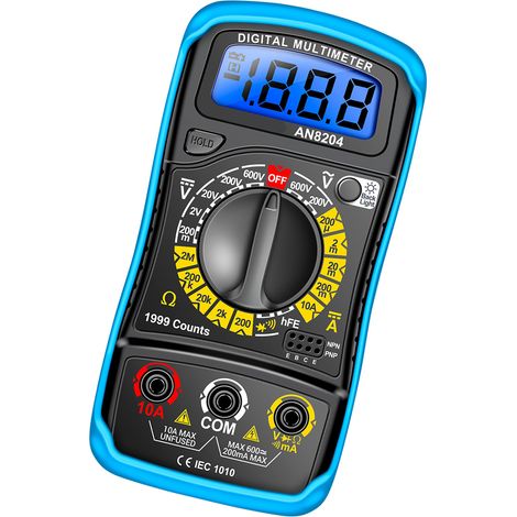 Multimètre numérique 1999 points précis testeur tension AC/DC courant DC contrôle diode transistor résistance détecteur continuité buzzer écran LCD rétroéclairé bleu noir étui silicone (1/5)