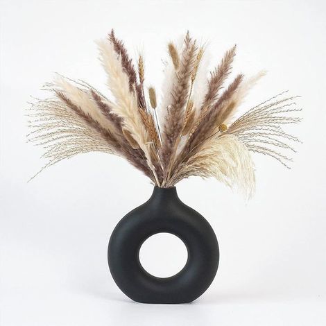 Vase en céramique noire 1 pièce Style donut mat Décoration pour fleurs séchées Salon et bureau (1/5)