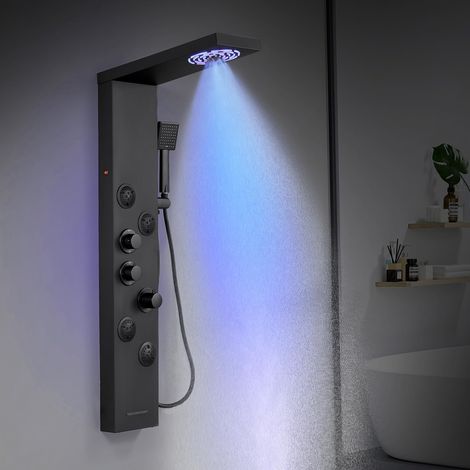 Système de panneau de tour de douche thermostatique - Colonne de douche à 6 modes avec LED Pluie&Brume, 4 jets de massage pour le corps, pommeau de douche et bec de baignoire, acier (1/5)